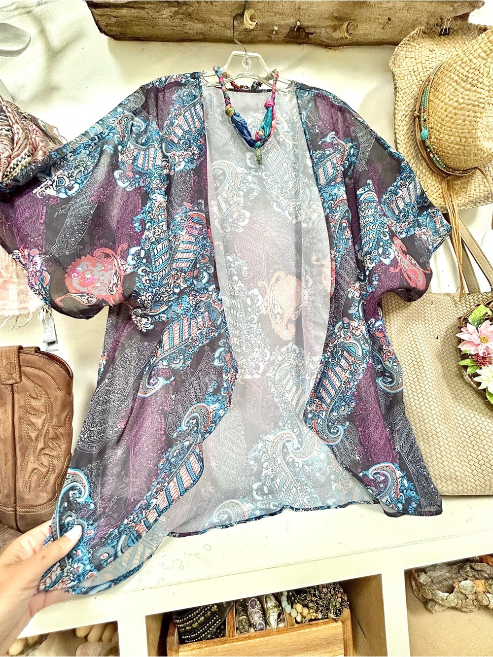 Boho Paisley Open-Front Kimono cover up Gypsy southwestern vibe - Picture 2 of 9